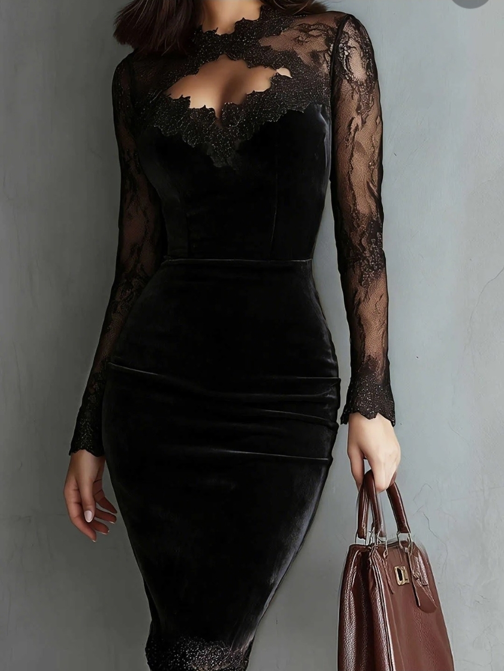 Black Velvet Lace Sheath Dress with Long Sleeves